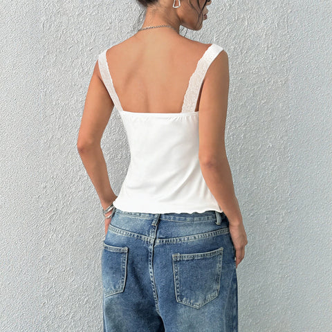 Lace V neck Strap Women Pleated Figure Sleeveless