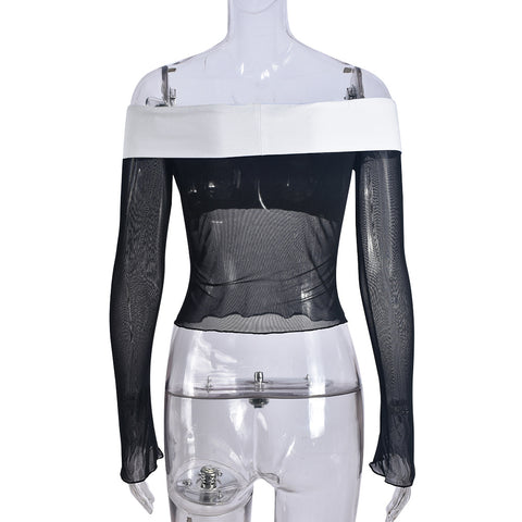 Autumn Contrast off Neck Sheer Long Sleeve