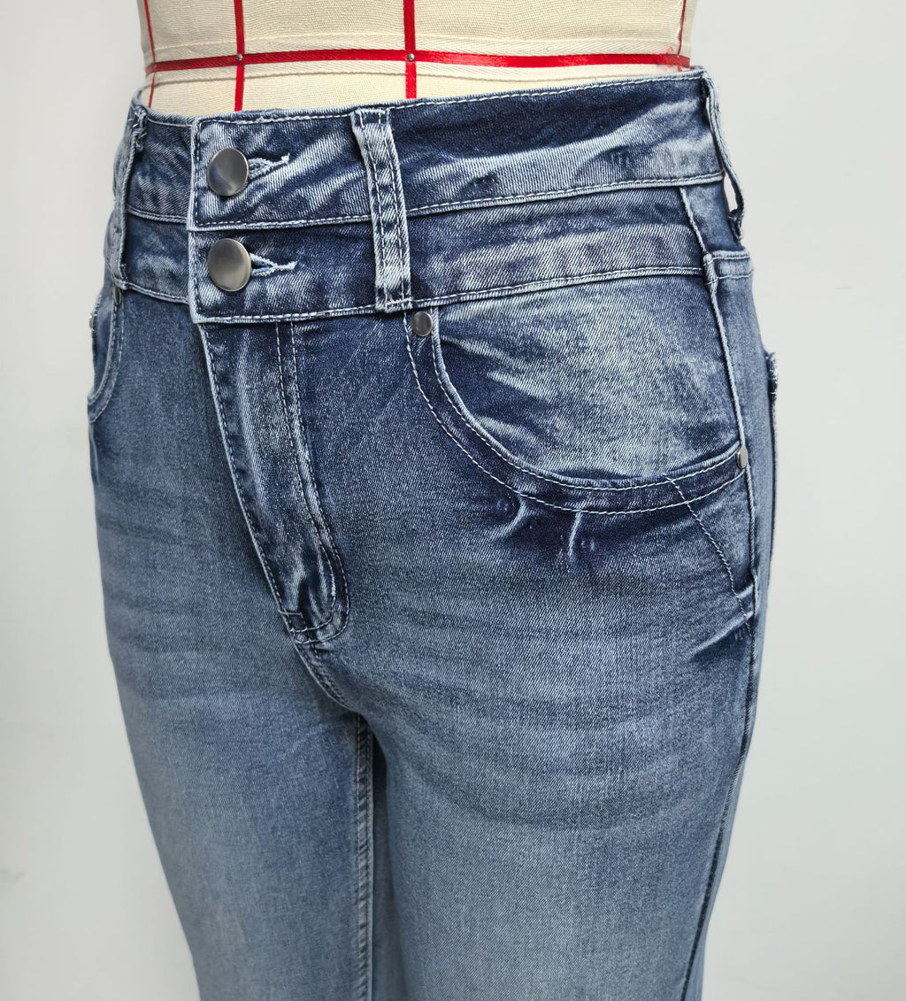 Spring Summer Back Pocket Embroidered Jeans Double Button Slimming Stretch Denim Trousers