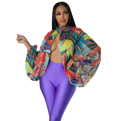 Women  Printing Batwing Sleeve