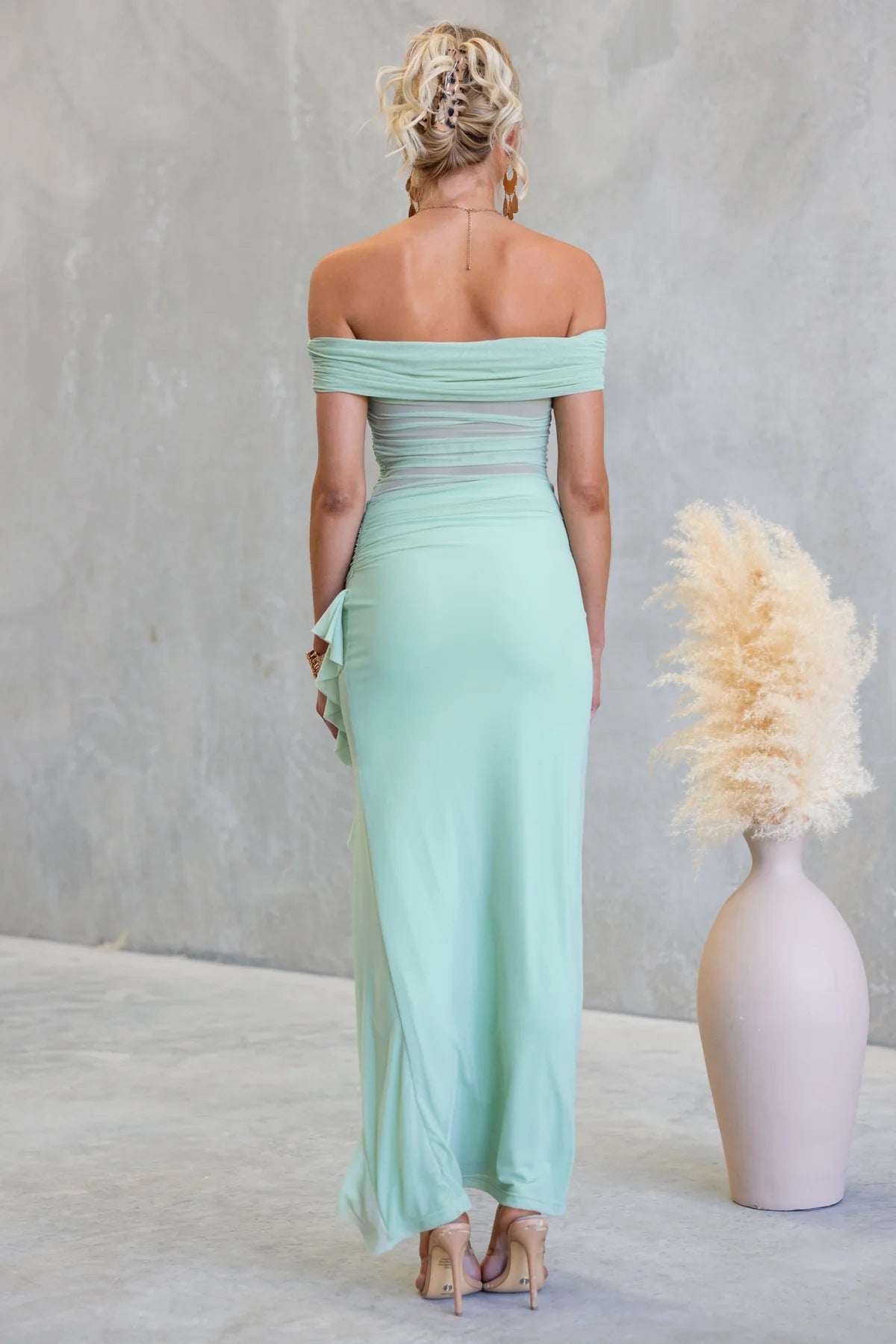 Dubai Split Ruffled Solid Color Hollow Out Cutout Mesh Sheath Dress