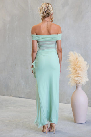 Dubai Split Ruffled Solid Color Hollow Out Cutout Mesh Sheath Dress