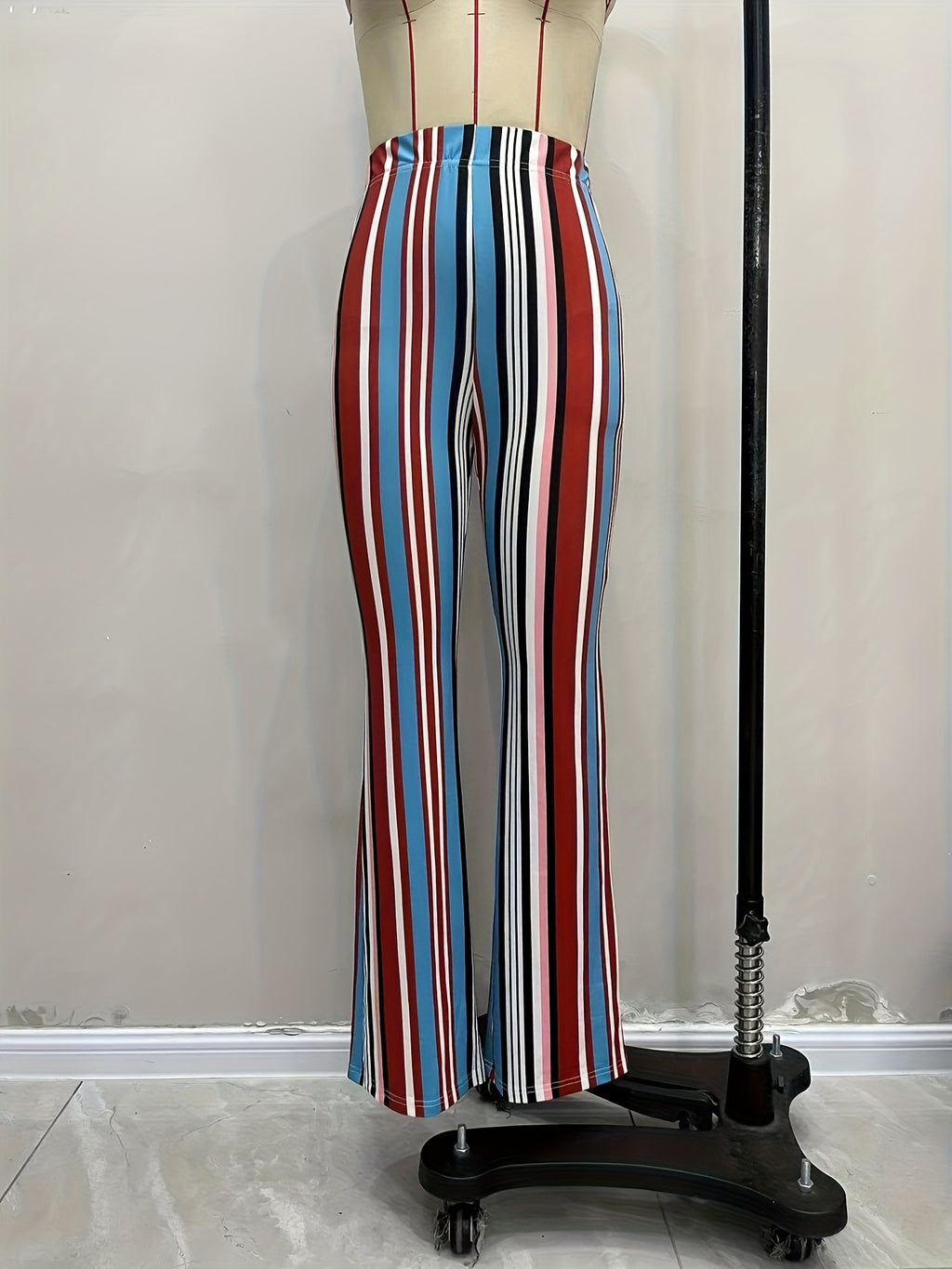 Women Pants Personality Hippie Clothing Elastic Waist Color Striped Printing Slim Fit Bell Bottom Pants