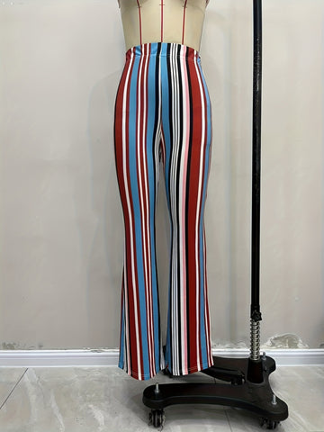 Women Pants Personality Hippie Clothing Elastic Waist Color Striped Printing Slim Fit Bell Bottom Pants