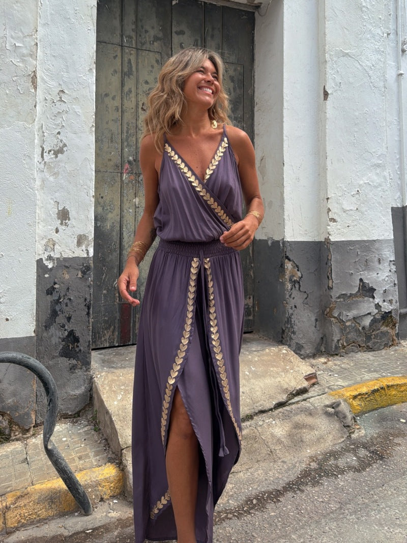 Golden Ribbon Trim Tight Waist V neck Loose Sling Jumpsuit