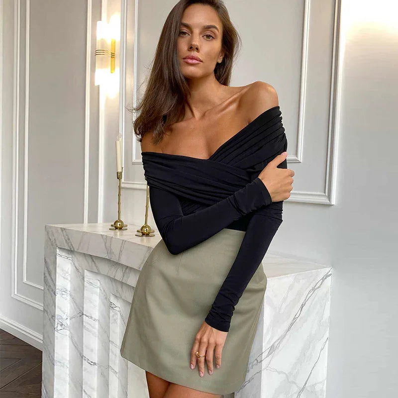 Co-op City Sexy off the Shoulder Long Sleeve Cross Pleated Slim High Waist Top
