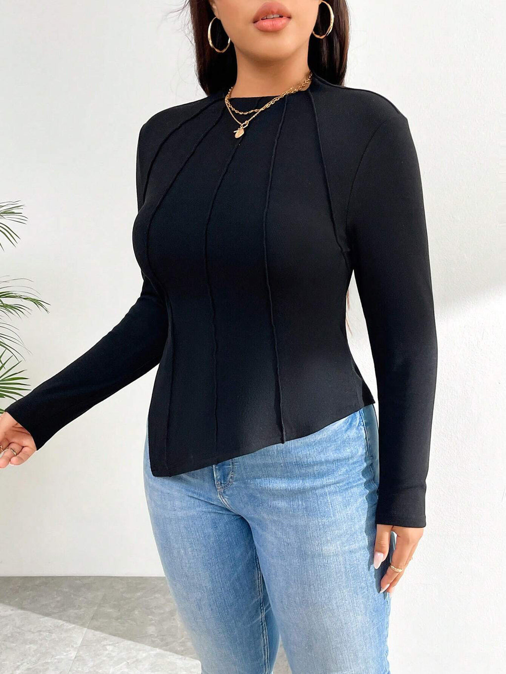 Plus Size Women Autumn Winter Simple Trendy Design T shirt Slim Long Sleeve Top