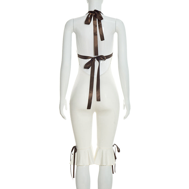 Women Clothing Summer Solid Color Casual Slim Sleeveless Backless Halter Lace up Long Conjoined Trousers
