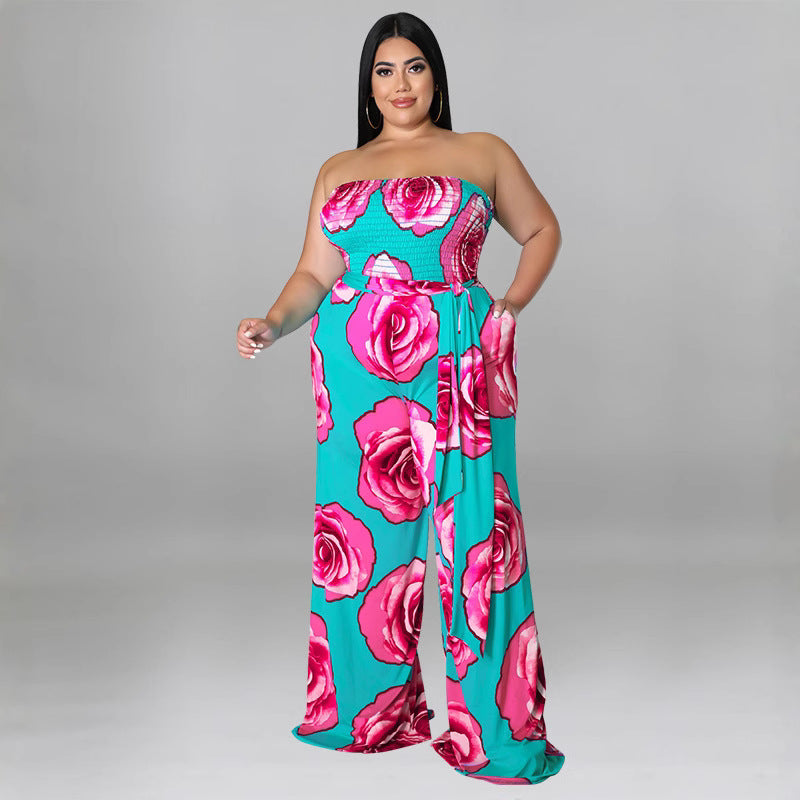 Plus Size Women Clothing Summer Smocking Cool Sleeveless Rose Tube Top Jumpsuit