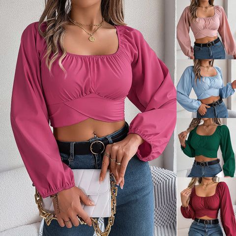 women Spring Casual Lantern Sleeve Waist Chiffon