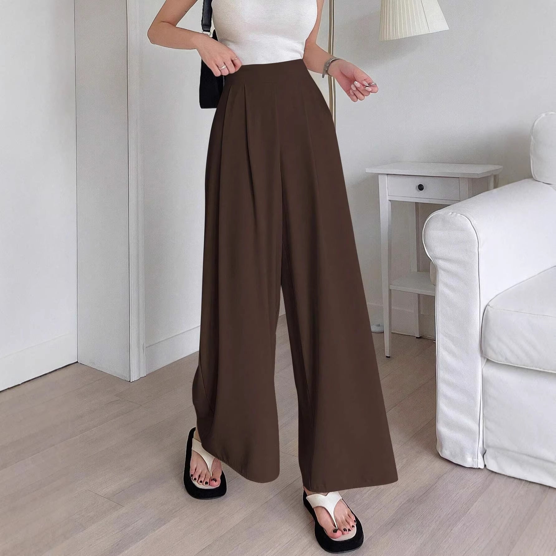 Retro Easy Matching Brown Coffee Color Draping Wide Leg Pants Office High Waist Petite Slimming Women Casual Pants