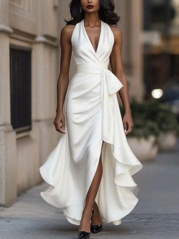 Wilmington Satin Deep V Plunge neck Sleeveless Waist Trimming Ruffles Elegant Dress