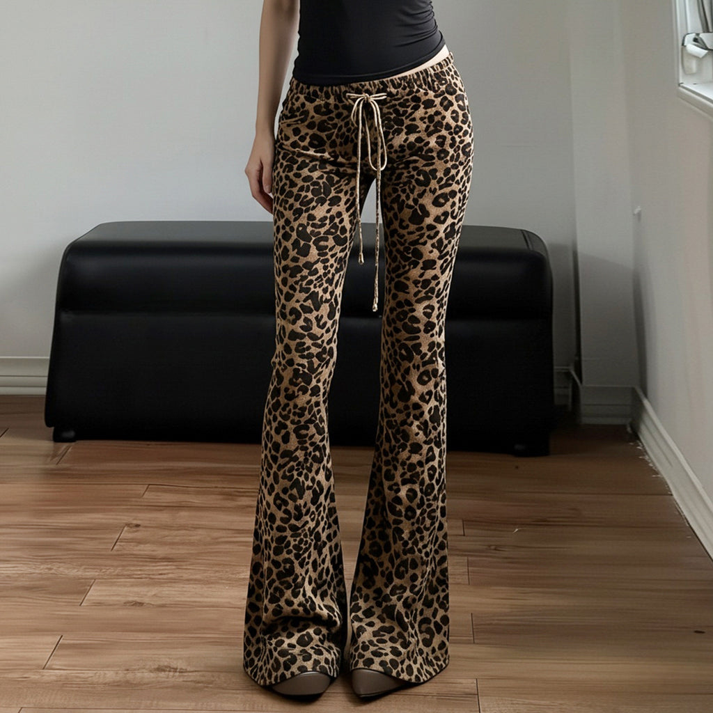 Sexy Leopard Print Drawstring Casual Pants Women Street Trendy Thin Looking Bootcut Pants