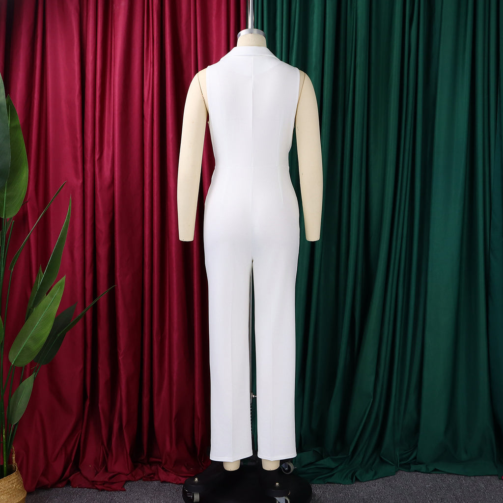 Summer Solid Color Sleeveless Collar Lace up Wide Leg Pants Jumpsuit