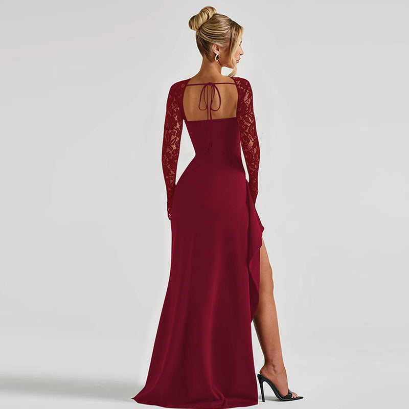 Villa Altagracia Lace Long Sleeve Sexy Backless Slim Fit Slit Dress