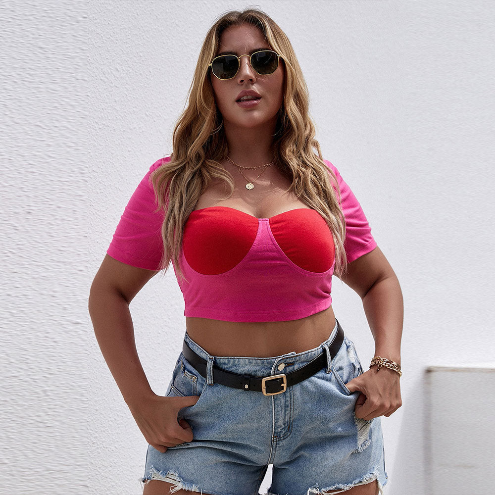 Plus Size Women Clothes Short Square Collar Slimming Short Sleeve T shirt in Contrast Color Top