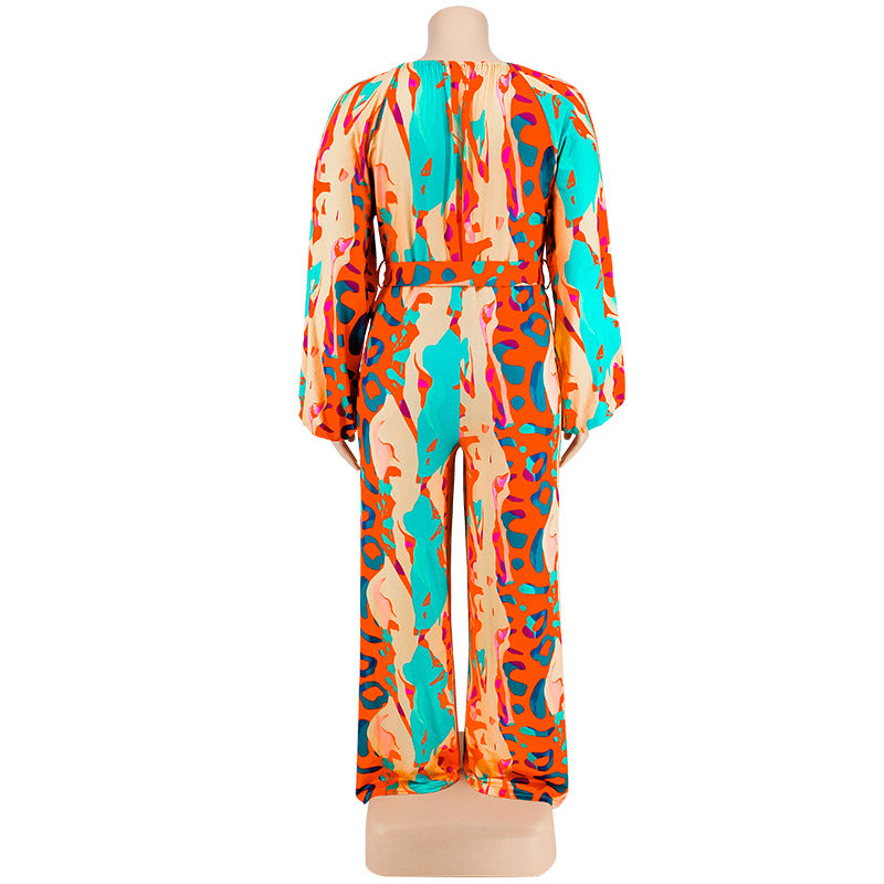 plus Size Women Clothing Autumn Printed Sexy off the Shoulder Long Sleeve Jumpsuit