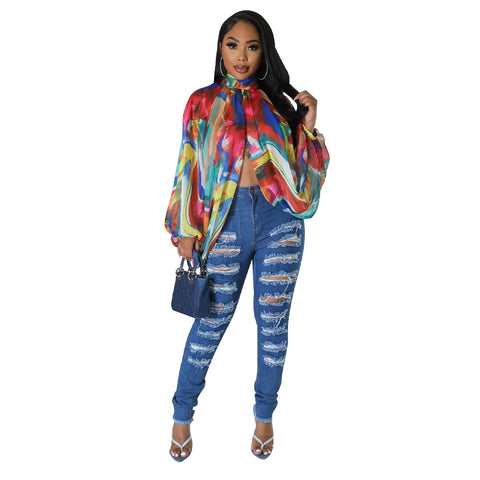 Women  Printing Batwing Sleeve