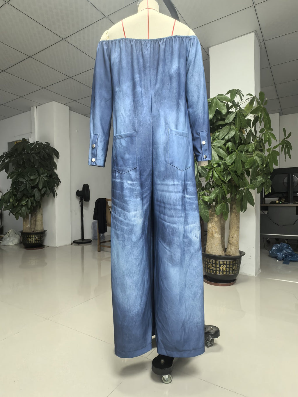 Spring Women Sexy Single Breasted off Shoulder Wash Imitation Denim Jumpsuit