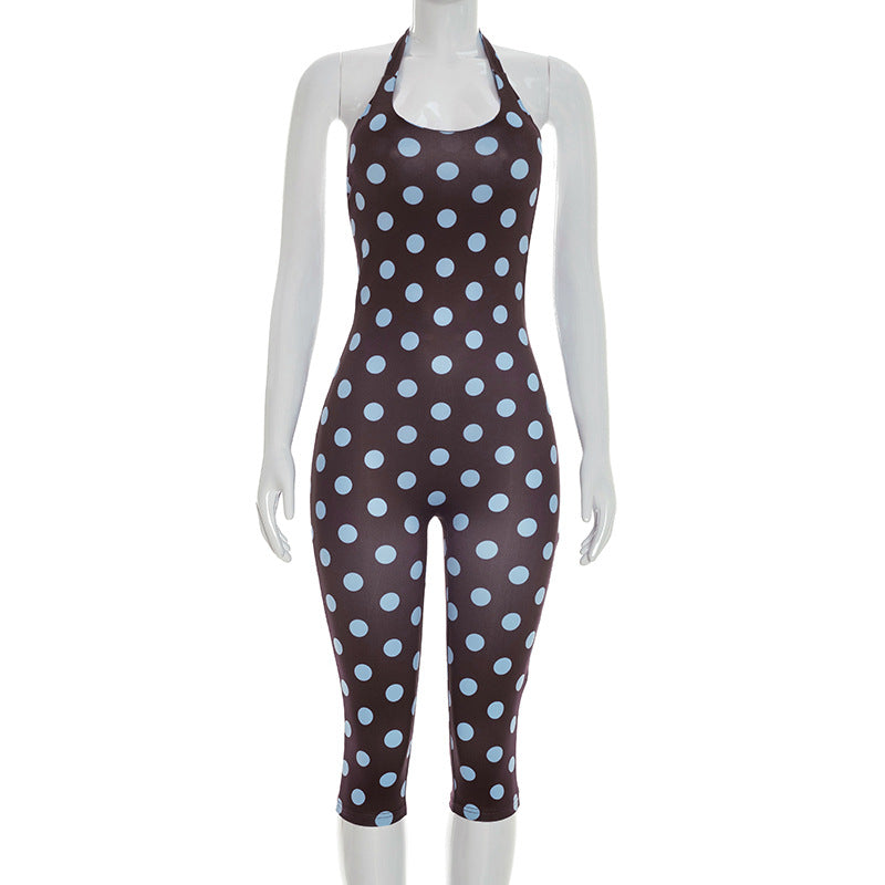 Women Clothing Summer Polka Dot Print Sleeveless Halter Tied Slim Fit Cropped Jumpsuit
