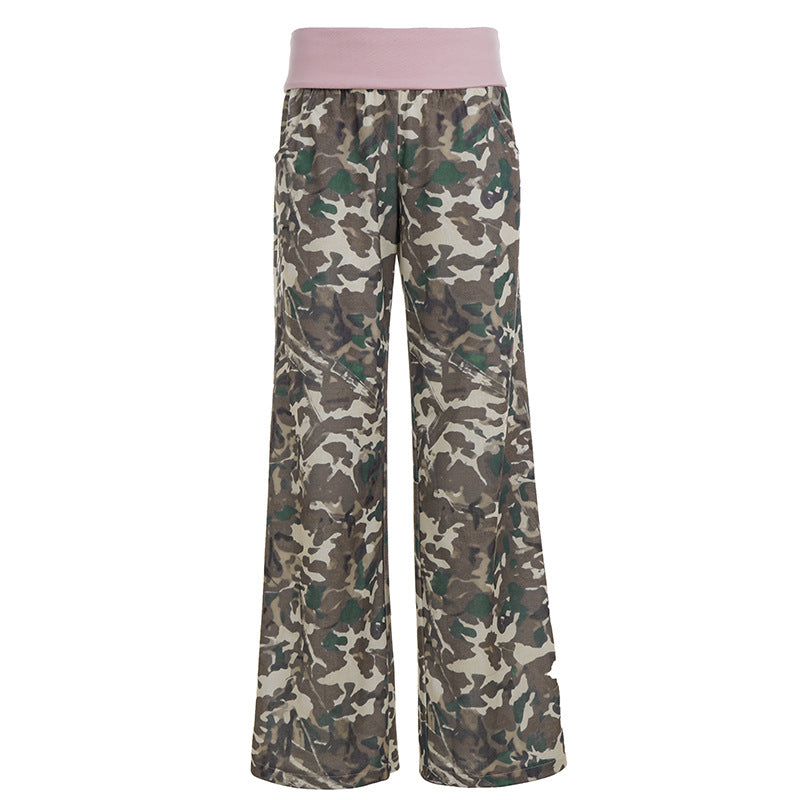 Retro Casual Camouflage Waist Contrast Color Trousers Women Street Sweet Spicy Loose Draggle Tail Straight Trousers