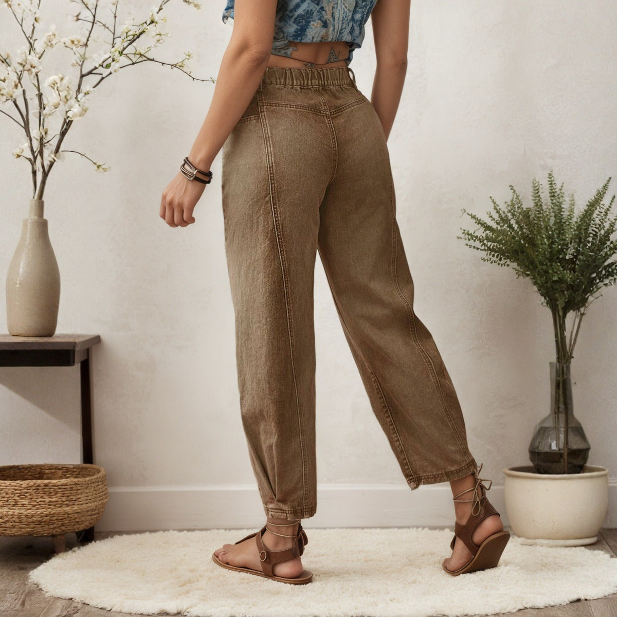 Women Barrel Jeans Wide Leg Loose Casual Cropped Jeans Dark Brown Denim