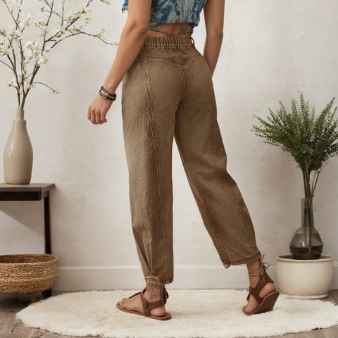 Women Barrel Jeans Wide Leg Loose Casual Cropped Jeans Dark Brown Denim