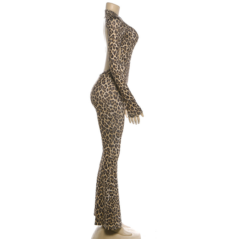 Spring Women Clothes Personality round Neck High Waist Slim Fit Backless Leopard Print Long Sleeve Jumpsuit Women