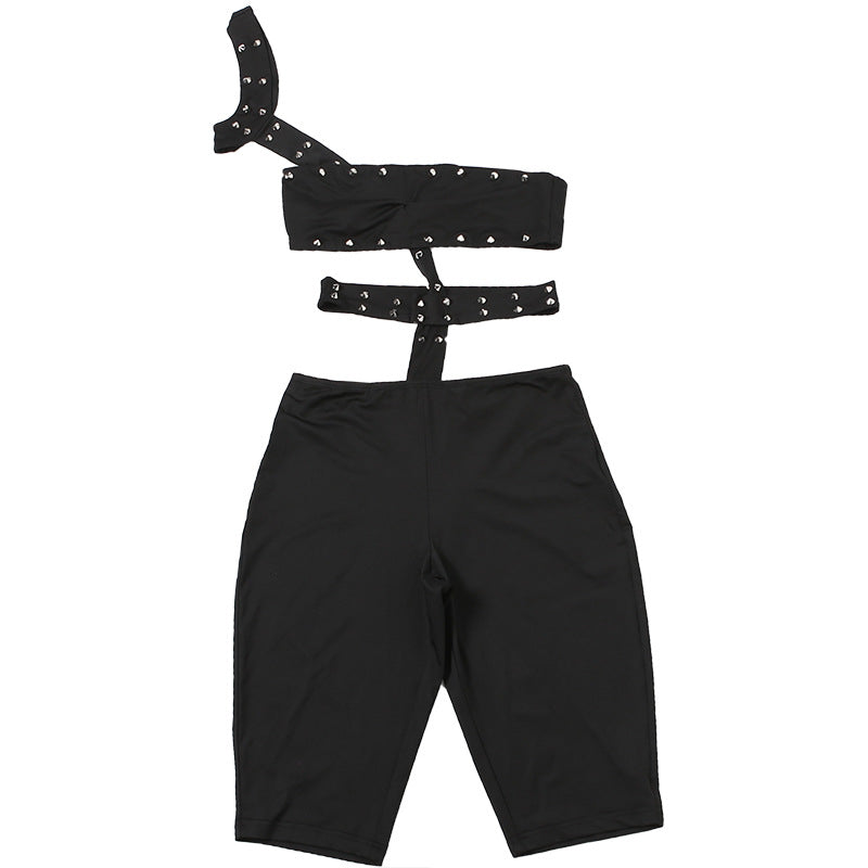 Spring Women's Trendy Unique Rivet Sexy Cutout Tight Five Point Jumpsuit
