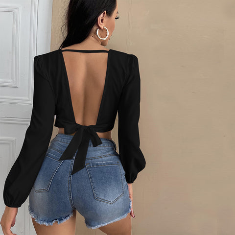 women  V neck Long-Sleeved Backless