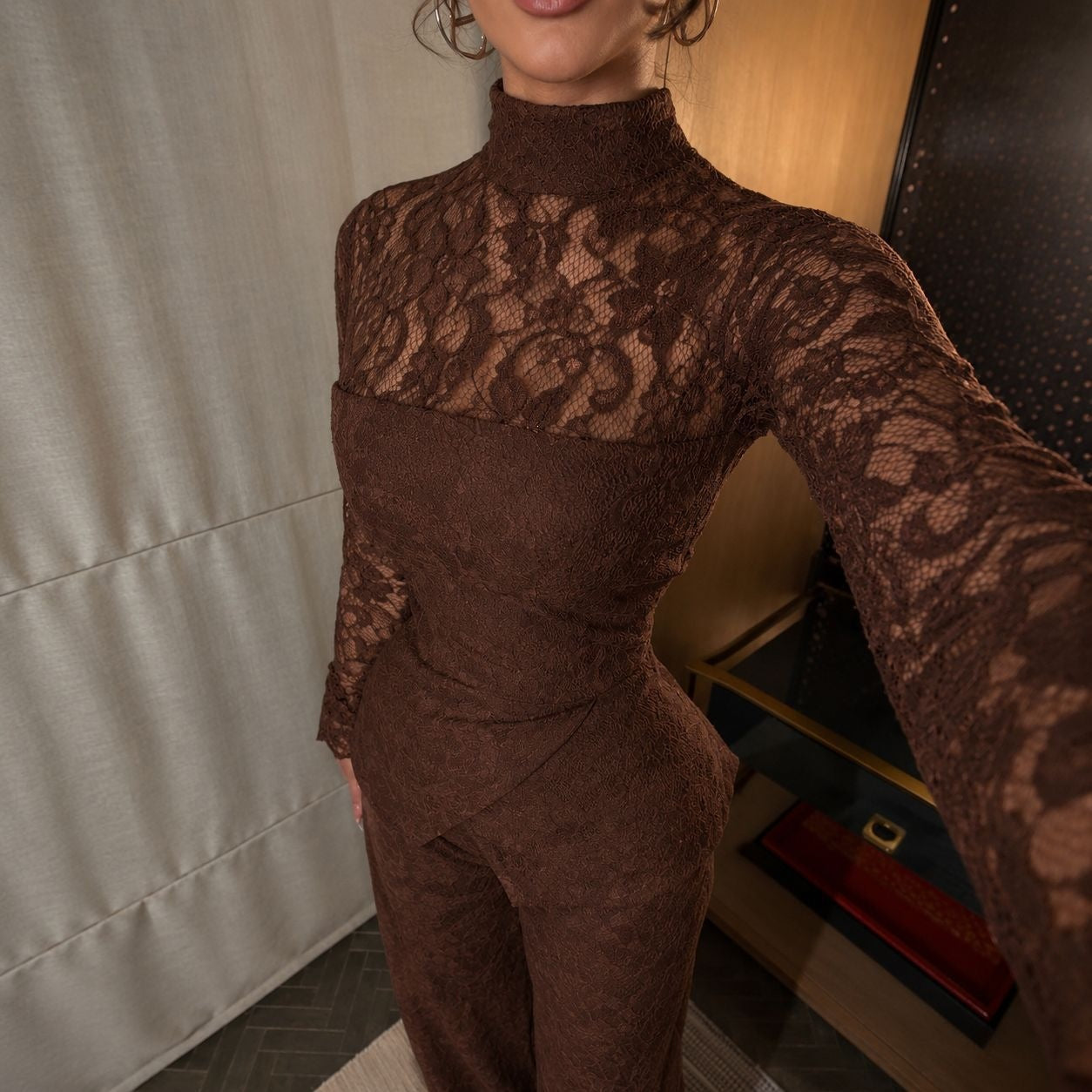 Spring Summer French Sexy Lace Patchwork Turtleneck Long Sleeve Jumpsuit