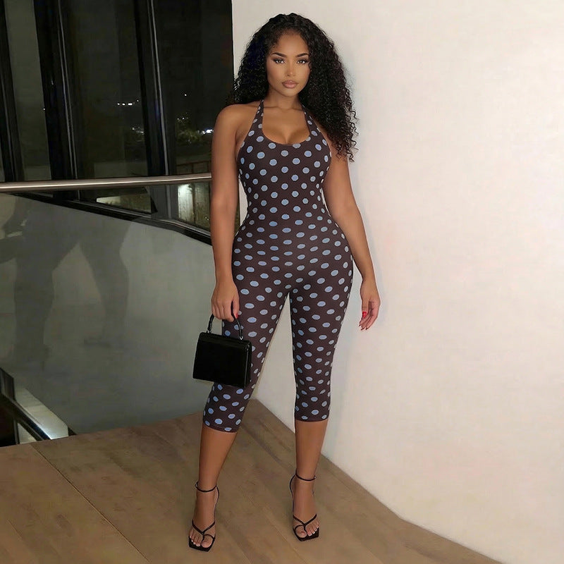 Women Clothing Summer Polka Dot Print Sleeveless Halter Tied Slim Fit Cropped Jumpsuit