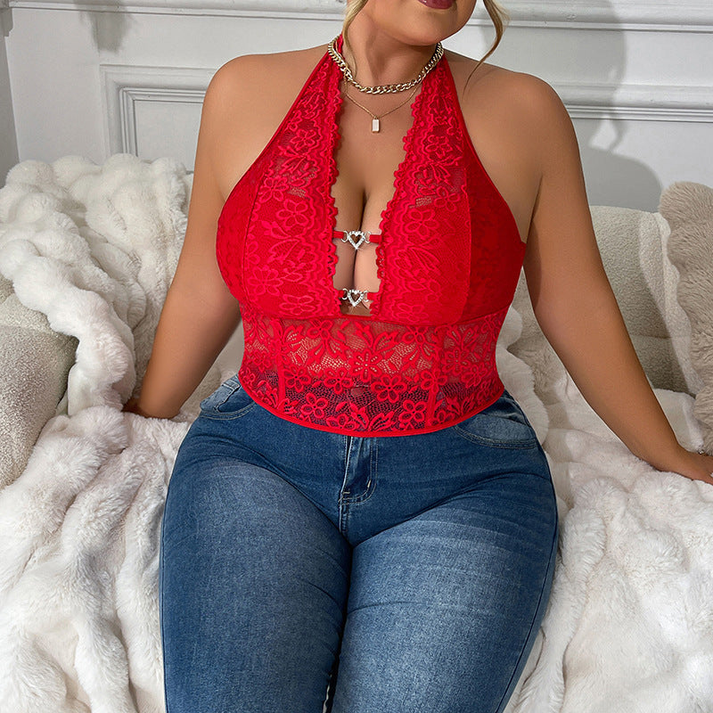 Plus Size Lace Sexy Slim Top Popular Hollow Out Cutout out Short Halterneck Vest