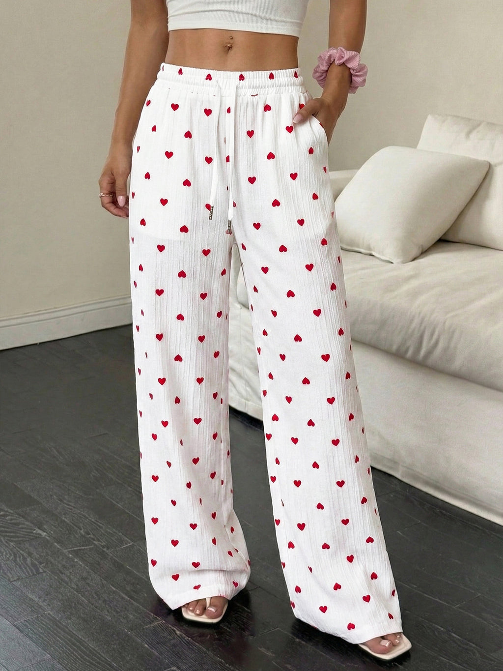 Women Long Pants Straight Lace up Love Pattern Casual Wide Leg Pants Summer