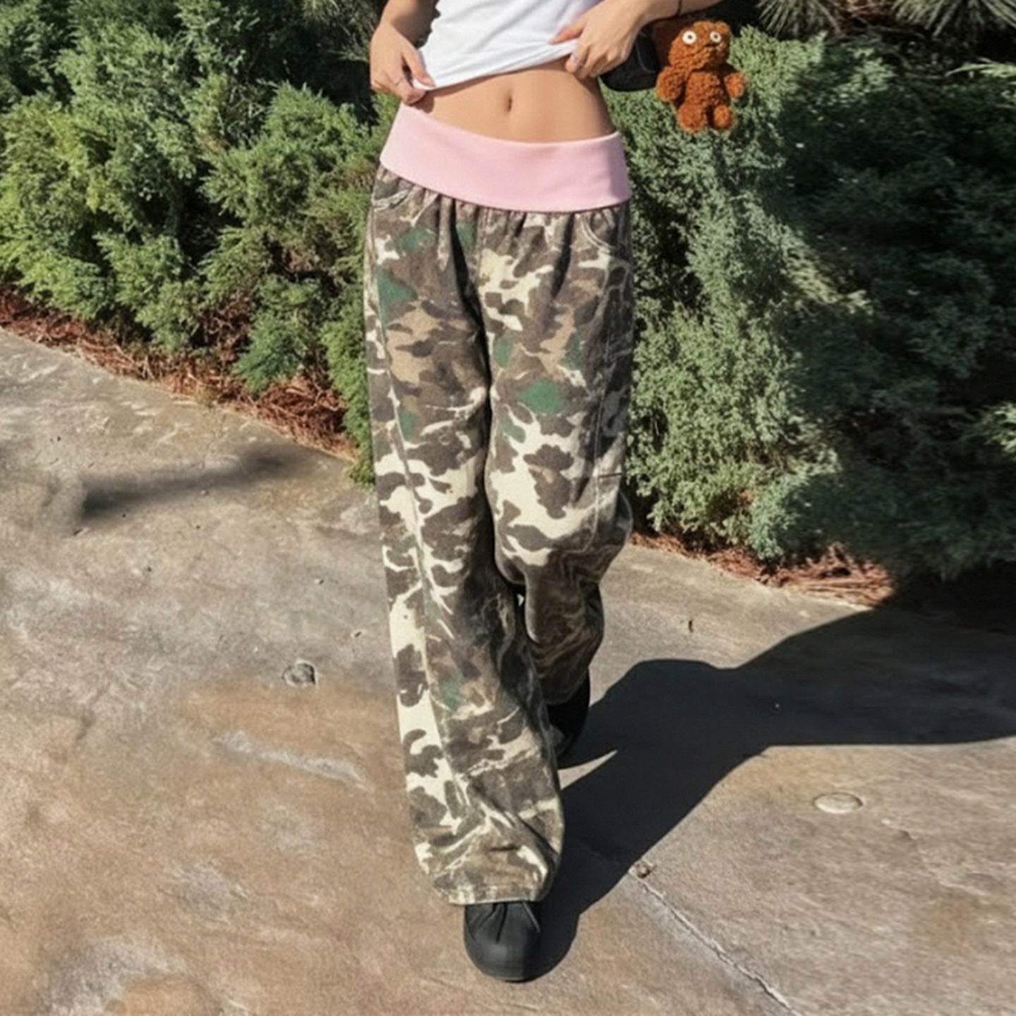 Retro Casual Camouflage Waist Contrast Color Trousers Women Street Sweet Spicy Loose Draggle Tail Straight Trousers