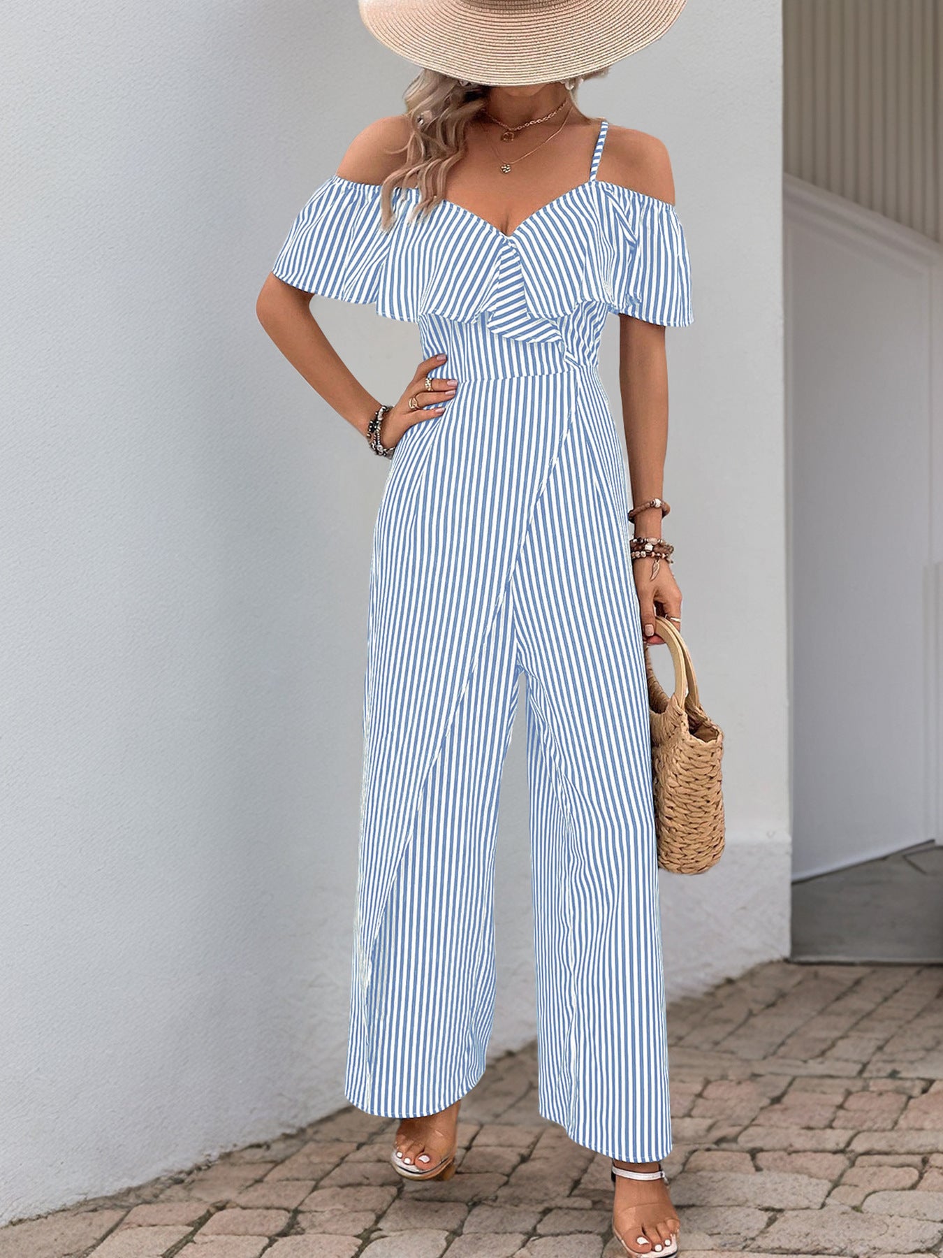 Pants Summer Striped Spaghetti Straps Wide Leg Jumpsuit Women