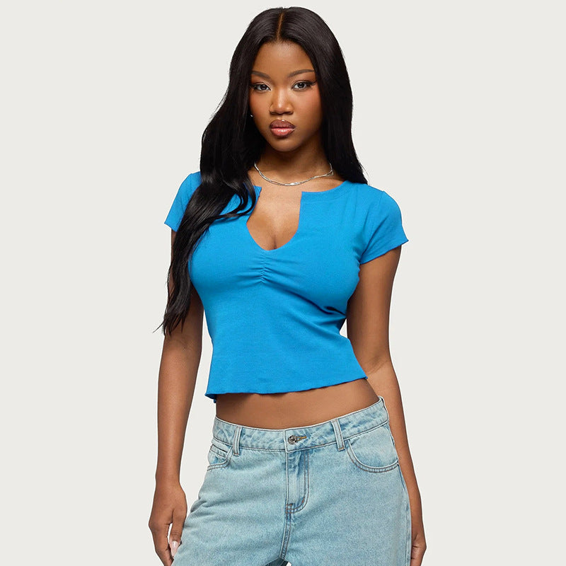 Women Solid  V neck Cropped Sleeved
