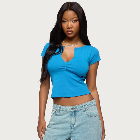 Women Solid  V neck Cropped Sleeved