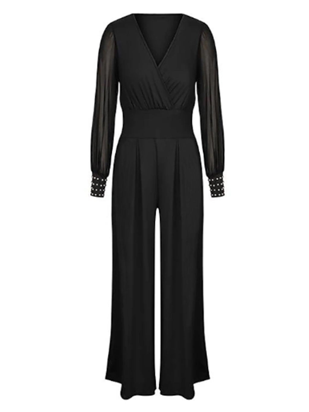 Women Wear V neck Mesh Stitching Rivet Long Sleeve Loose Jumpsuit Women Clothing