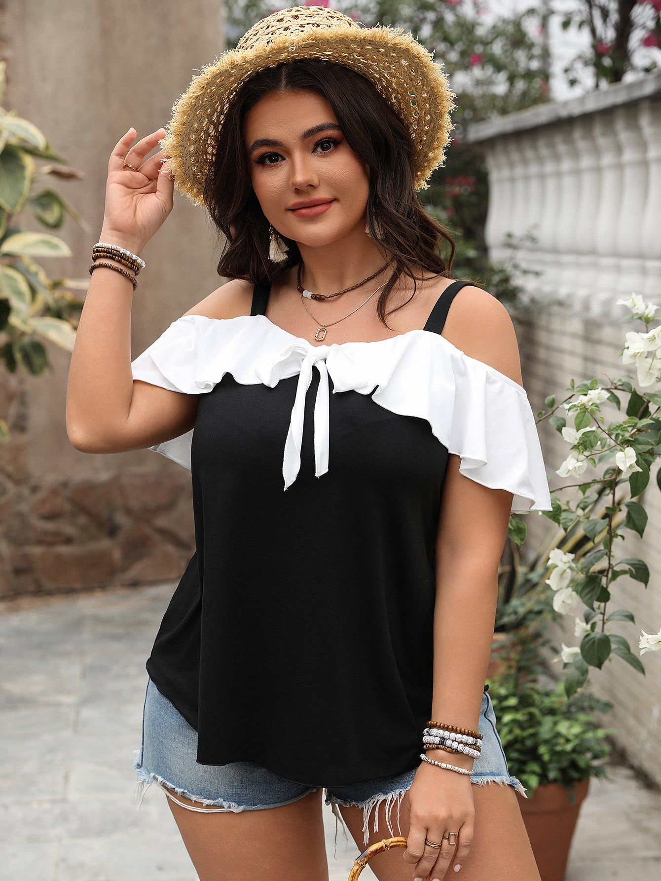 Plus Size Women Clothing Spring off the Shoulder Ruffle Sleeve Short Sleeve Strappy