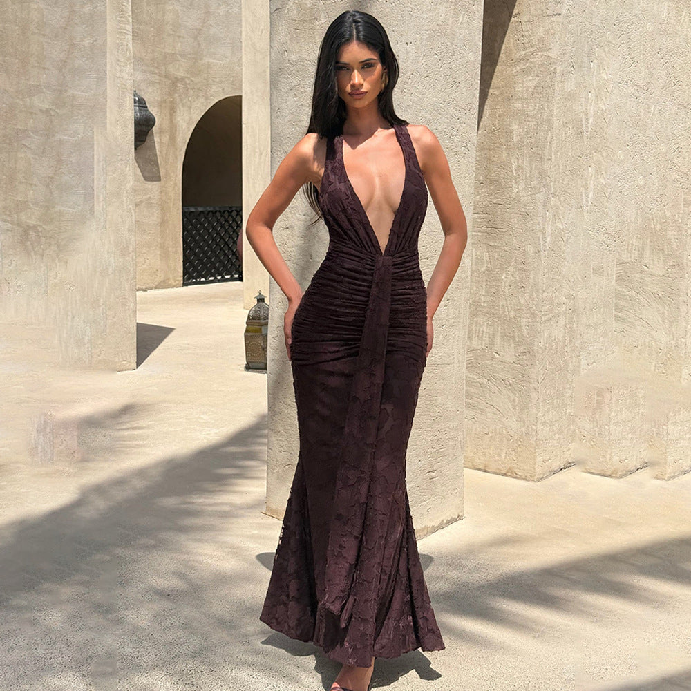 Cape Lake Lace Pleated Sexy Deep V Plunge neck Backless Sheath Maxi Dress