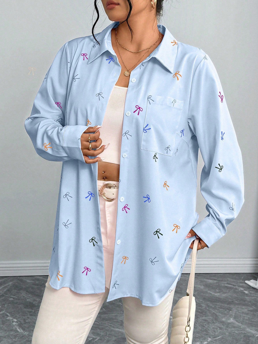 Plus Size Arrival Women Shacket Bow Print Long Sleeve Casual Shirt Autumn Loose