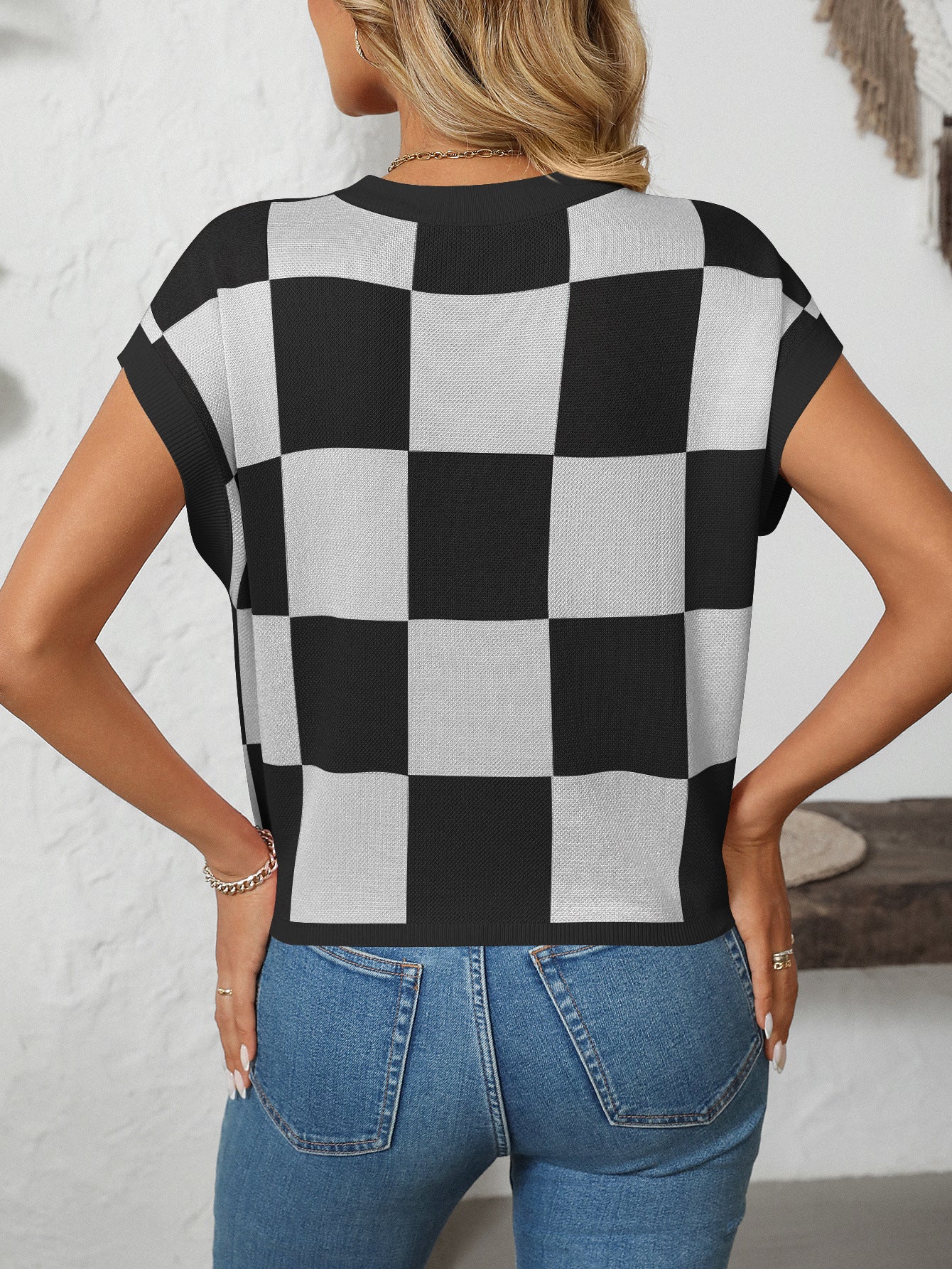 Summer Sleeve Block round Neck Plaid