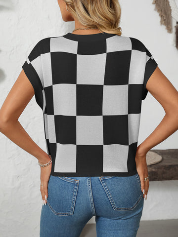 Summer Sleeve Block round Neck Plaid