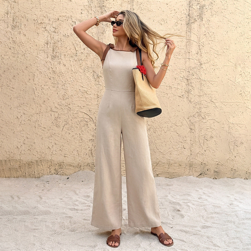 Casual Simple Linen like Contrast Color Shoulder Strap Wide Leg Jumpsuit