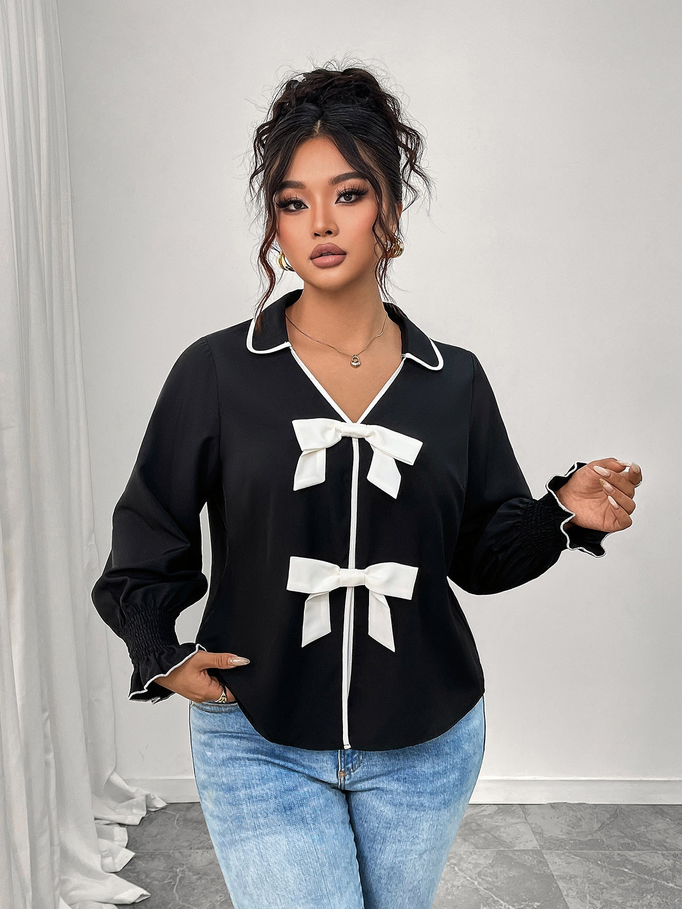 Chanel Coat Polo Collar Black Short Coat Bow Top