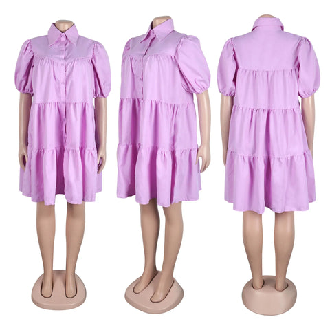 Secaucus Puff Sleeve Single Breasted Lapel Collar Babydoll Street White Big Swing Dress