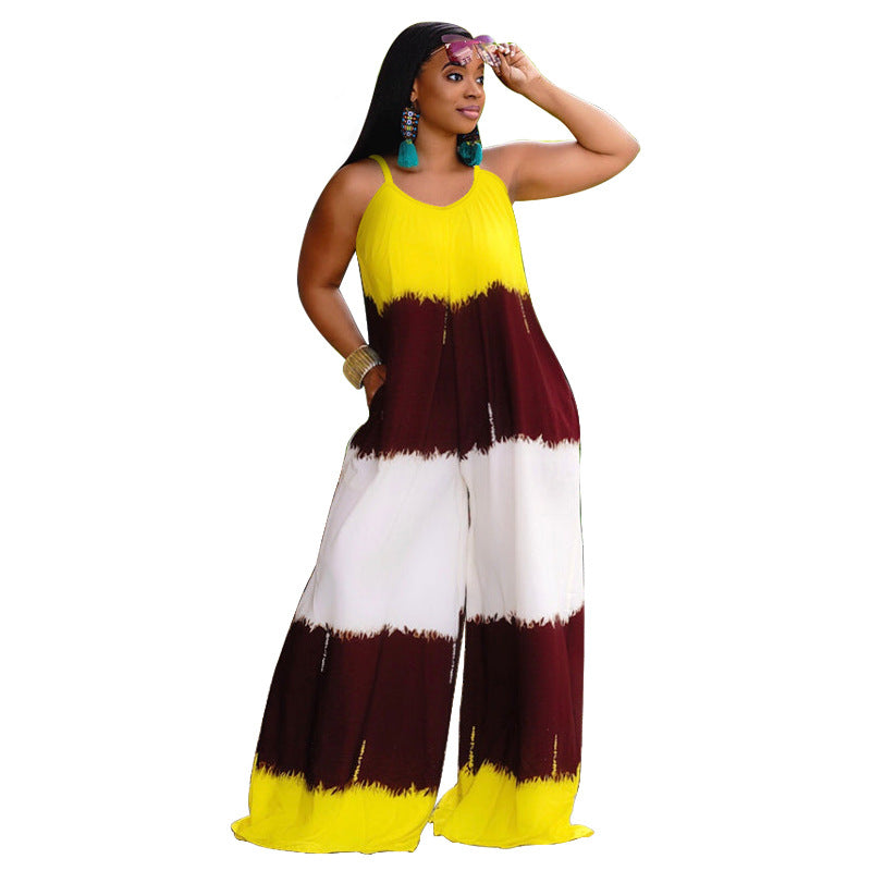 Plus Size New Patchwork Printed Suspenders Fashion Casual Long Women Clothes Jumpsuit