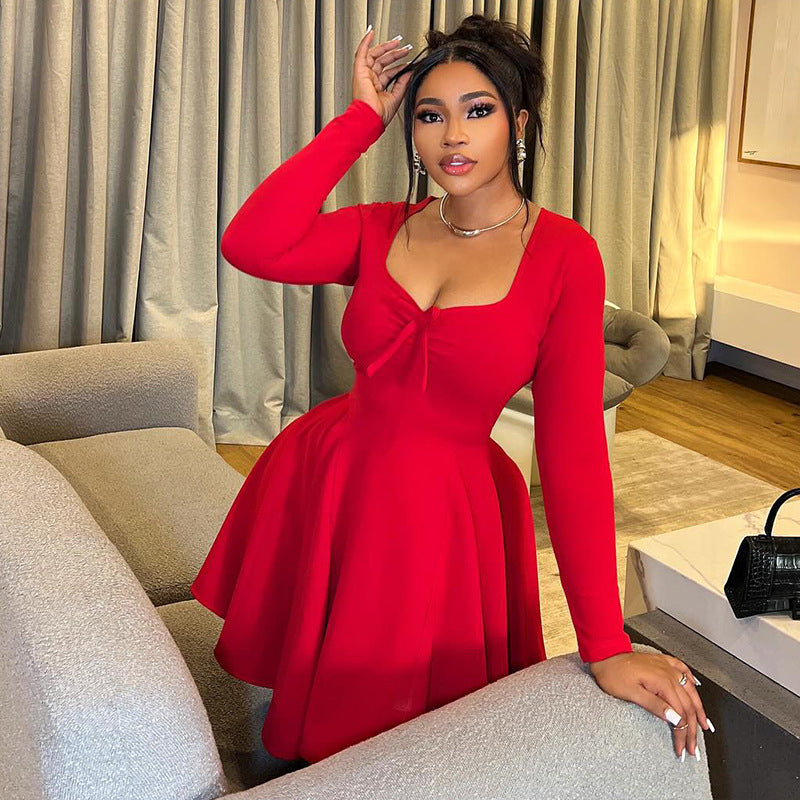 Oklahoma Matching Date A line Pleated Long Sleeve Solid Color Dress