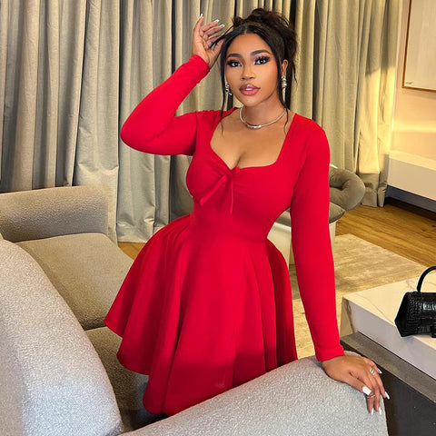 Oklahoma Matching Date A line Pleated Long Sleeve Solid Color Dress